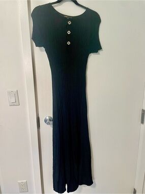 Maje Paris Classic Black Ribbed Maxi Dress with Decorative Buttons and cutout